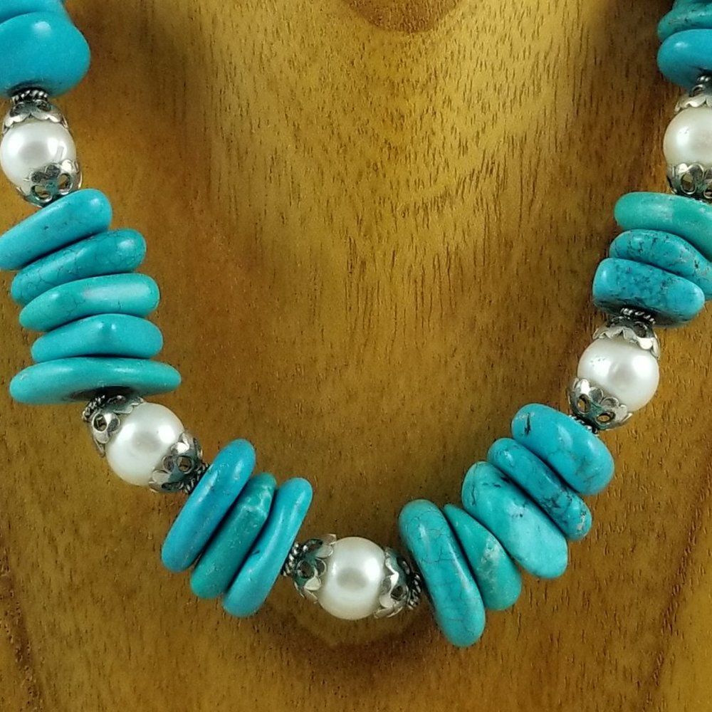 Turquoise, Pearl & Sterling Silver Necklace - Picture 2 of 4